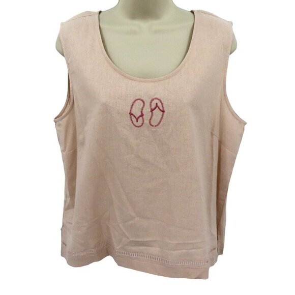 AKC Women Large Petite LP Pink Embroidered Flip Flops Linen Blend Tank Top Shirt - Picture 1 of 9